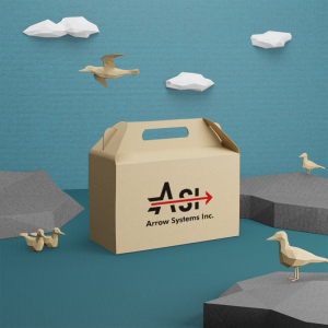 Birds made of paper flock around a cardboard box with ASI's logo on the front. 