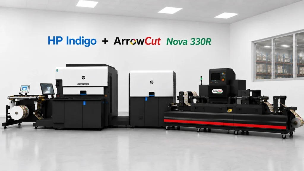 ArrowCut Nova 330R laser label finisher paired with an HP Indigo digital label press in a label converter facility