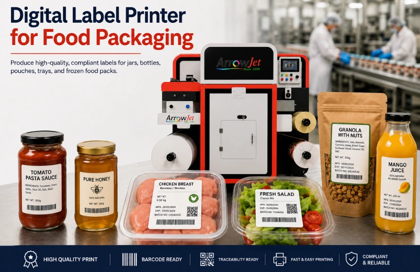 ArrowJet Aqua 330R digital label press for in-house food label production.