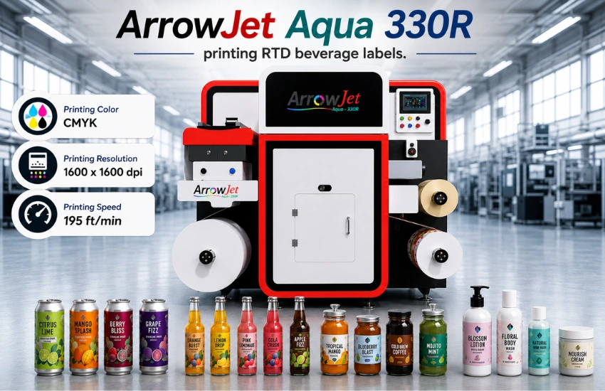 ArrowJet Aqua 330R printing RTD beverage labels