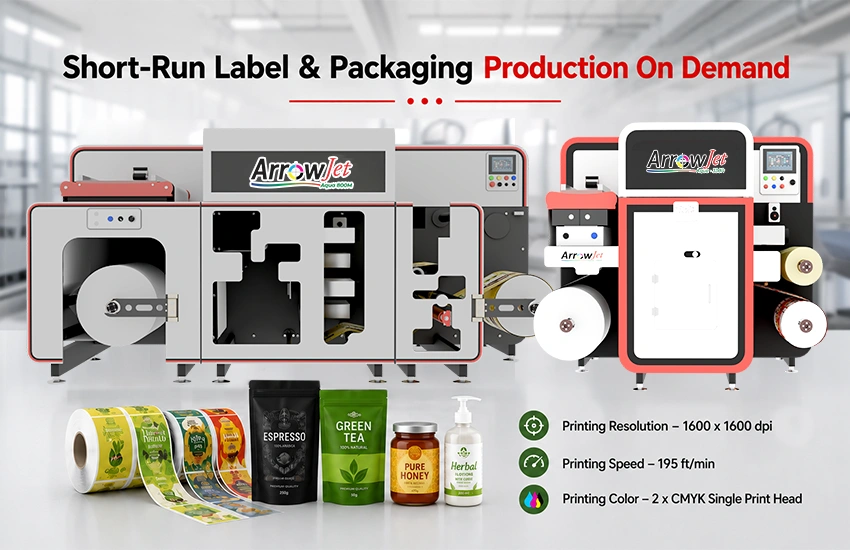 ArrowJet digital press producing short-run packaging variant labels in-house — enabling fast, low-cost redesign testing without plate charges or minimum orders.