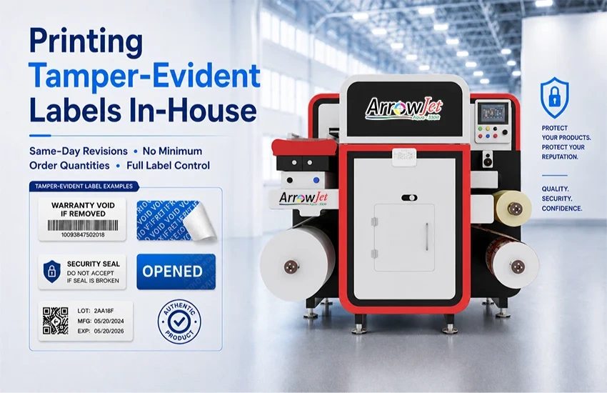 ArrowJet Eco 330R compact digital label press — entry-level in-house production for tamper-evident and security label stock.