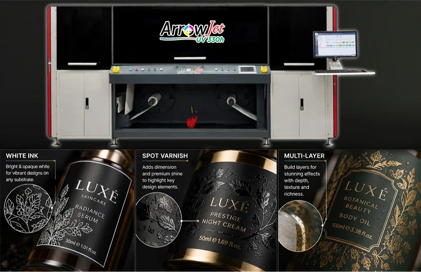 ArrowJet UV 330H hybrid label press producing premium cosmetic and personal care labels in-house.