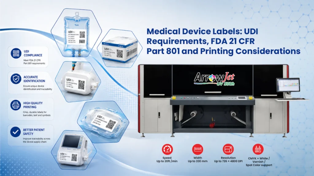 ArrowJet UV 330H digital label press printing FDA UDI-compliant medical device labels on durable synthetic substrates.