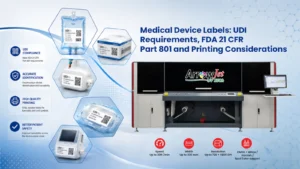 ArrowJet UV 330H digital label press printing FDA UDI-compliant medical device labels on durable synthetic substrates.