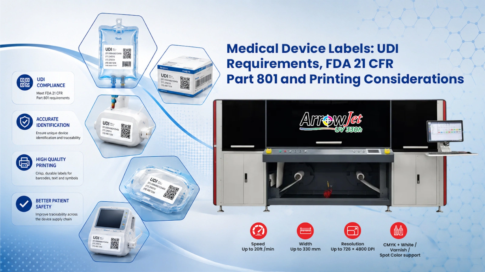 ArrowJet UV 330H digital label press printing FDA UDI-compliant medical device labels on durable synthetic substrates.