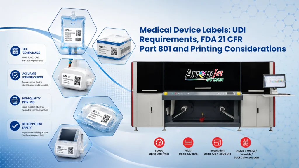 ArrowJet UV 330H digital label press printing FDA UDI-compliant medical device labels on durable synthetic substrates.