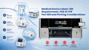 ArrowJet UV 330H digital label press printing FDA UDI-compliant medical device labels on durable synthetic substrates.