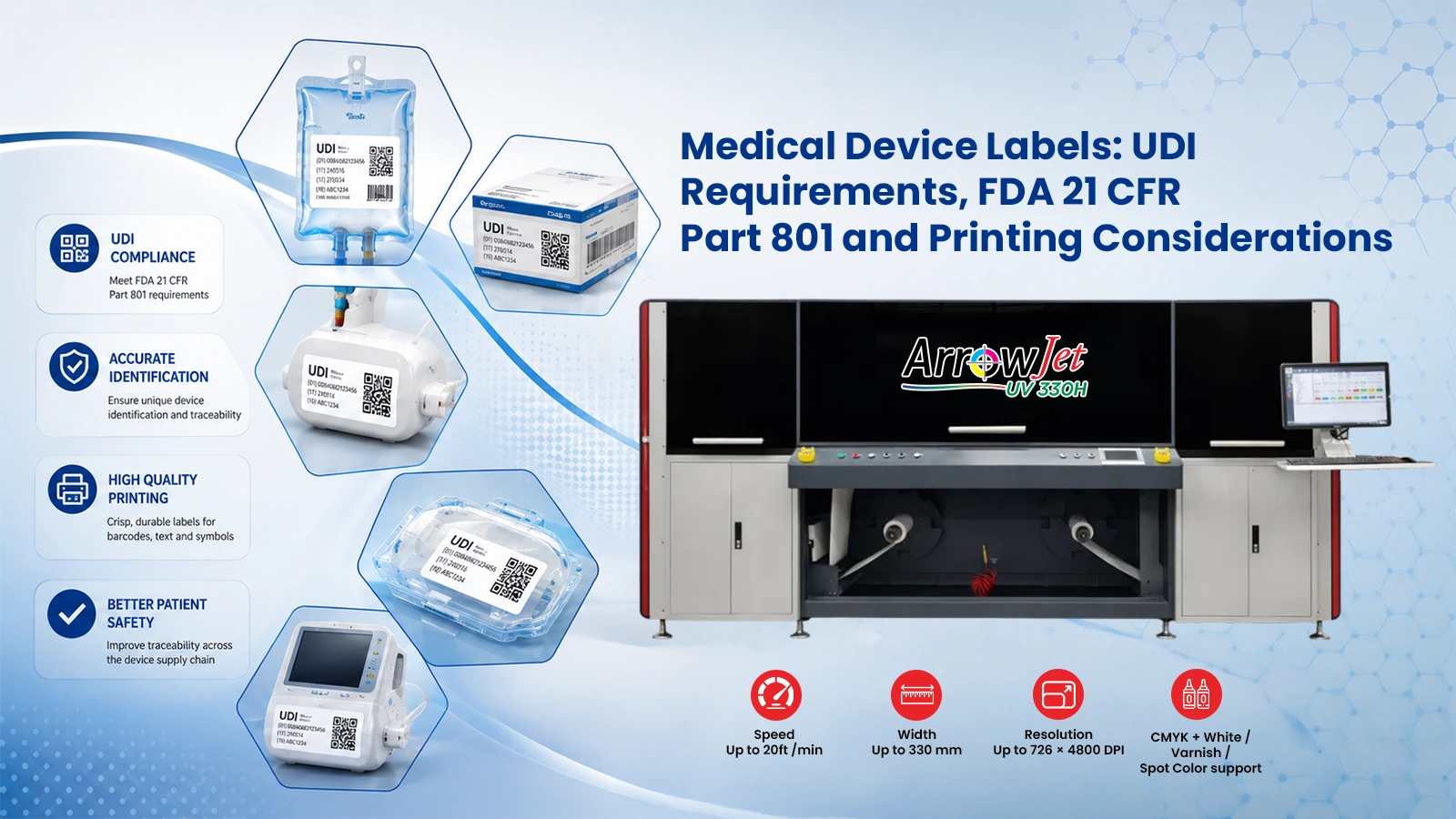ArrowJet UV 330H digital label press printing FDA UDI-compliant medical device labels on durable synthetic substrates.