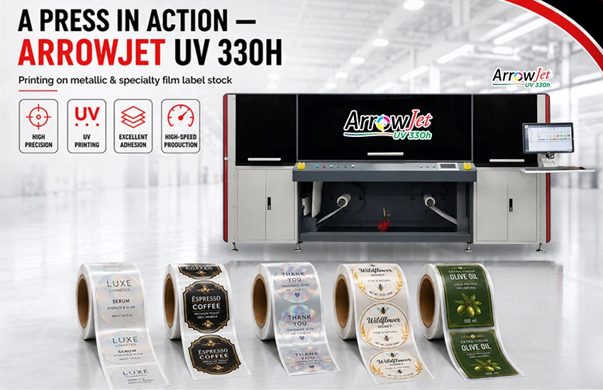 "ArrowJet UV 330H label press printing on specialty film PSA label stock.