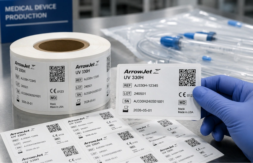 ArrowJet UV 330H hybrid UV label press printing durable UDI labels on synthetic roll substrate for medical device identification.