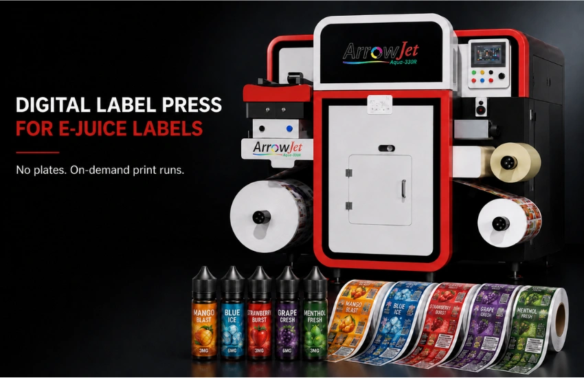 ArrowJet digital label press printing e-juice labels on BOPP roll stock — no plates, on-demand print runs.