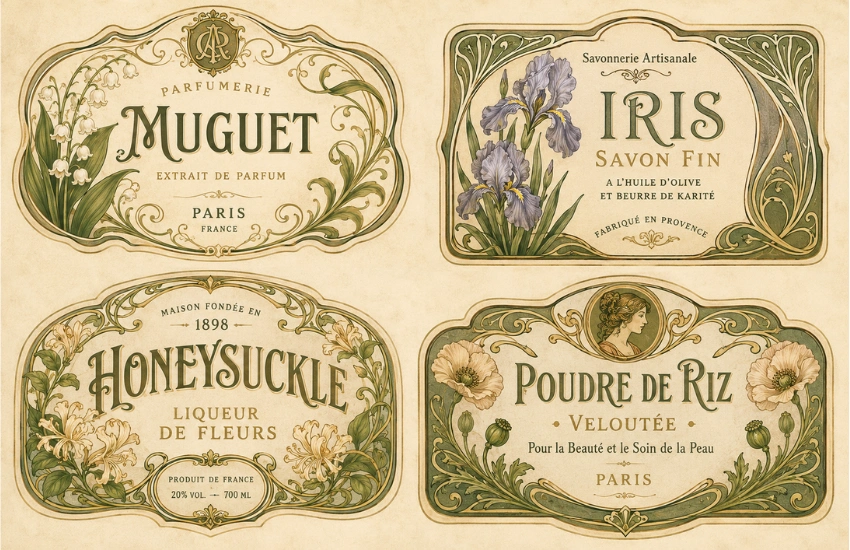 rt Nouveau vintage label design with botanical motifs