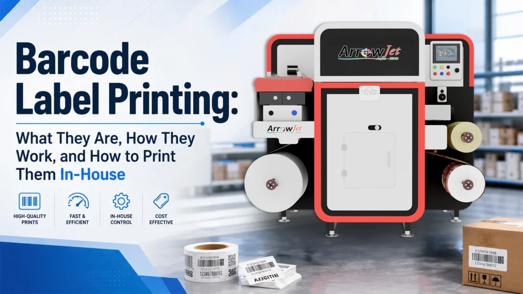 ArrowJet digital label press producing barcode labels in-house at production volumes.