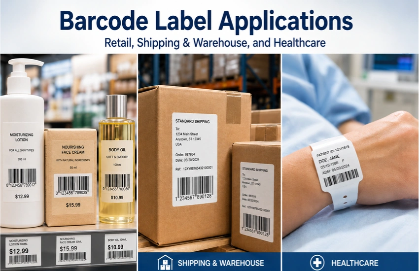 Barcode labels used across retail, logistics, healthcare, and manufacturing environments.
