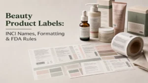 Cosmetic packaging and beauty product labels displayed with skincare bottles, boxes, and printed label sheets on a clean beige background.