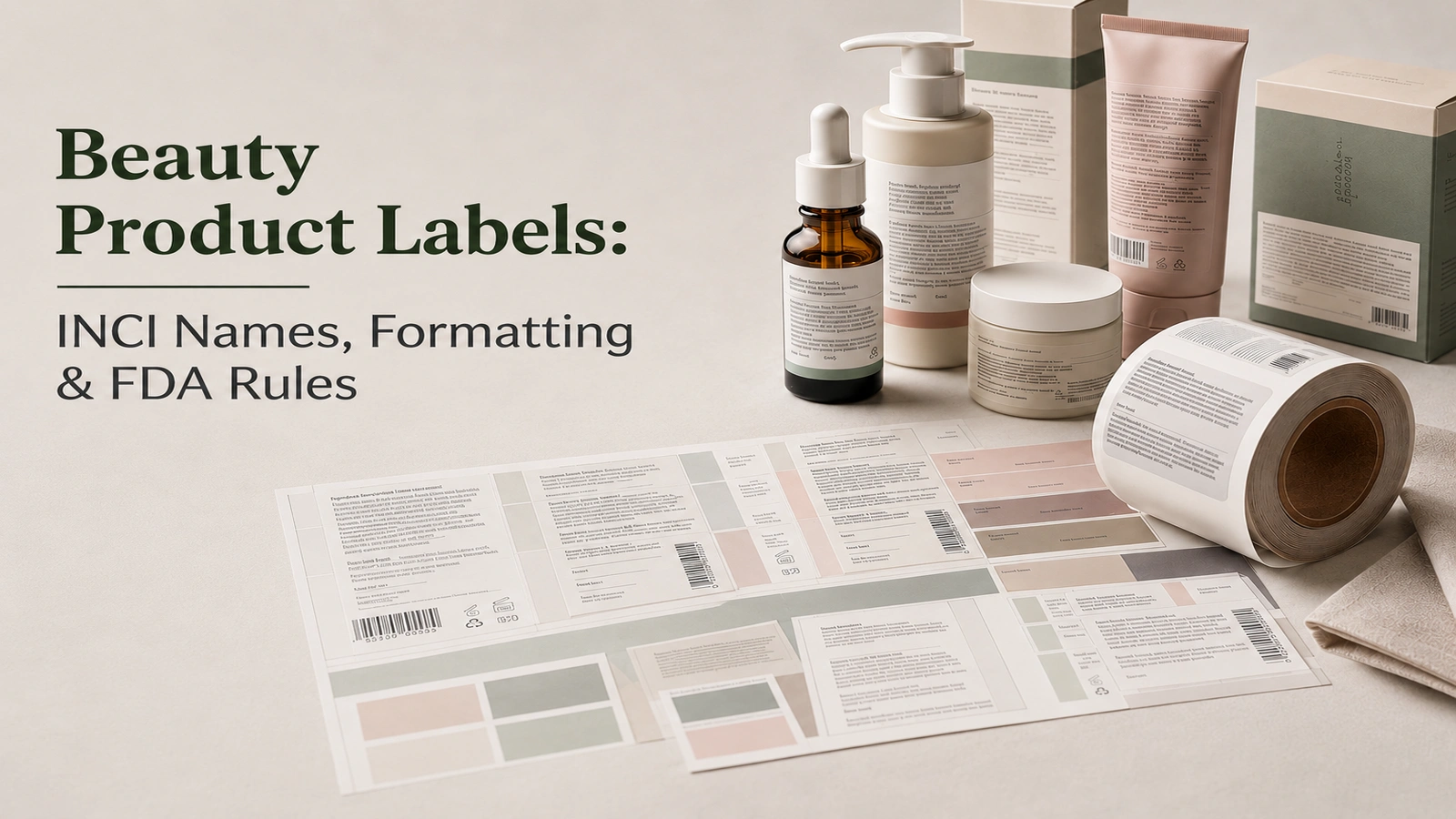 Cosmetic packaging and beauty product labels displayed with skincare bottles, boxes, and printed label sheets on a clean beige background.