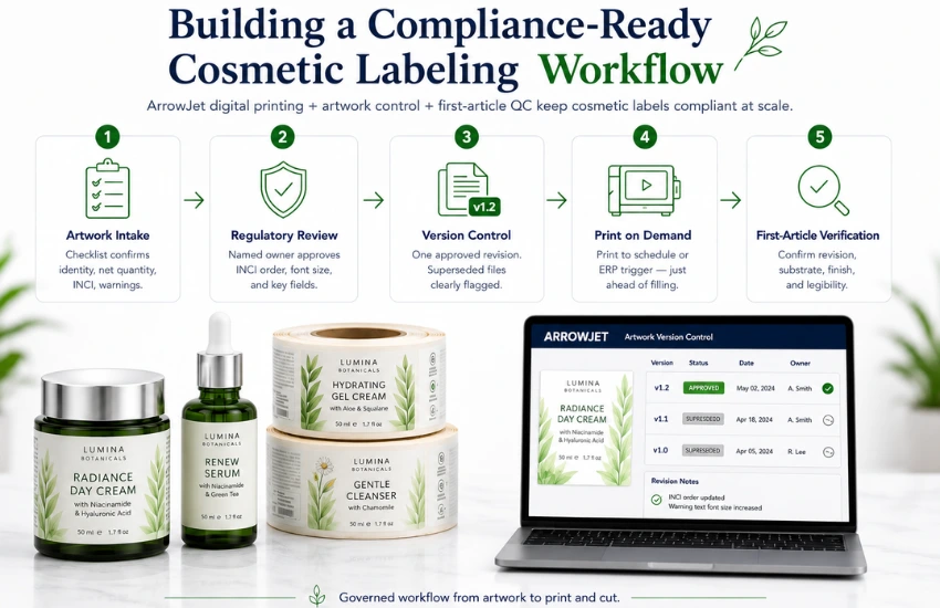 Compliance-ready cosmetic label production using ArrowJet digital printing, artwork version control, and first-article quality verification.