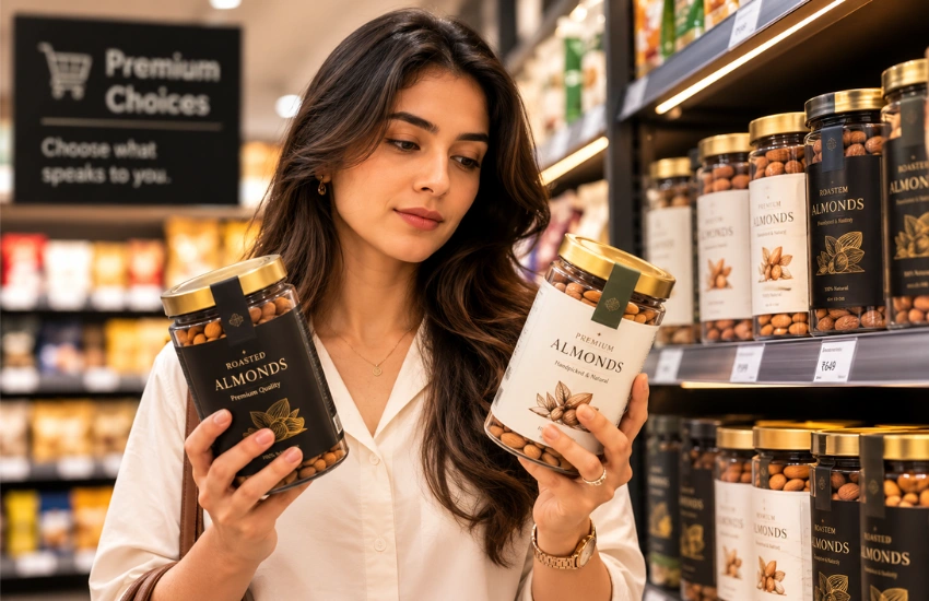 Buyer choosing between products at point of decision — the moment where label design functions as advertising.