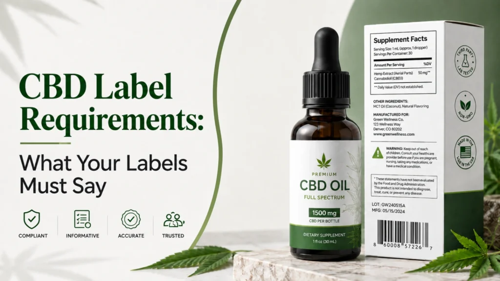 CBD product label showing required information including product identity, ingredients, and caution statements.