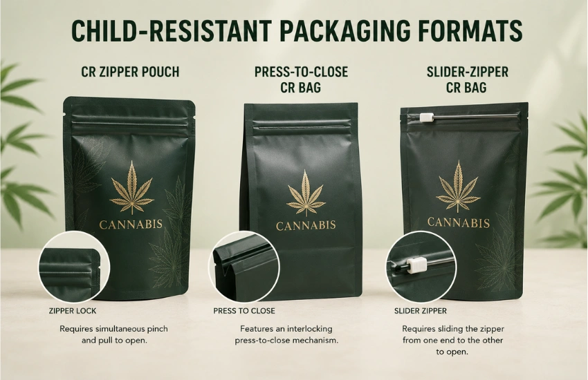 Child-resistant cannabis packaging formats: CR zipper pouch, press-to-close bag, and slider-zipper CR bag.