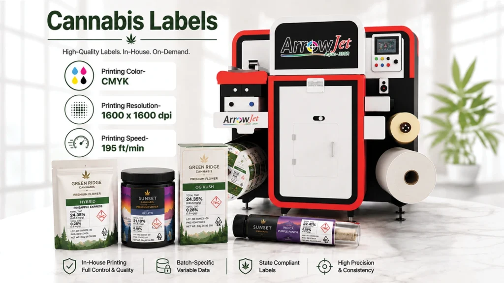 Digital cannabis labels printed in-house with batch-specific variable data including potency, lot number, and state warning symbol