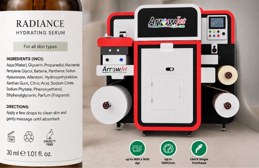 Cosmetic label with INCI ingredient declaration printed on an ArrowJet Aqua 330R digital label press.