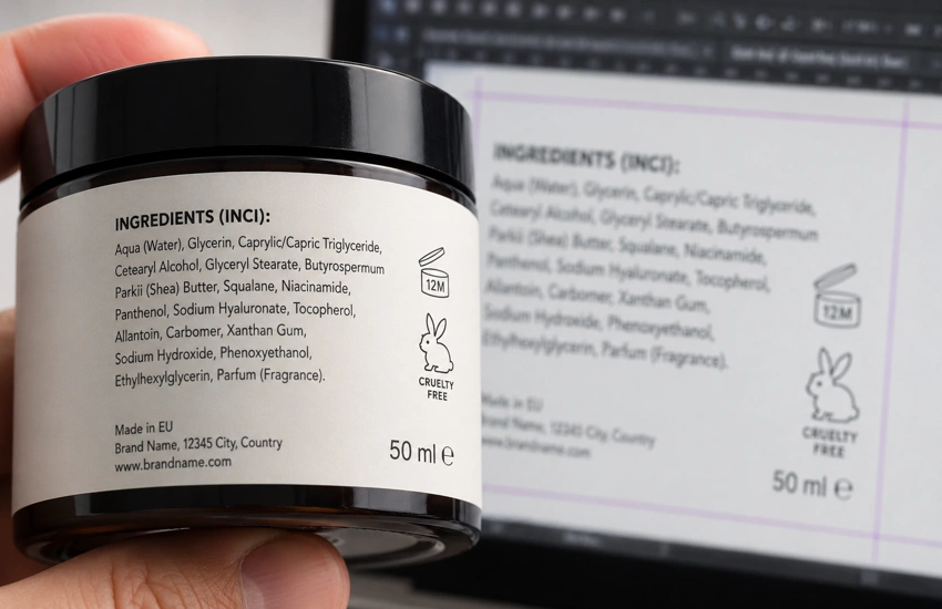 Digital artwork review for INCI ingredient list accuracy on a cosmetic product label.