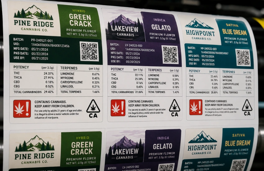 Cannabis label printed in-house showing state warning symbol, THC potency, batch number, and COA reference in a single digital print run.