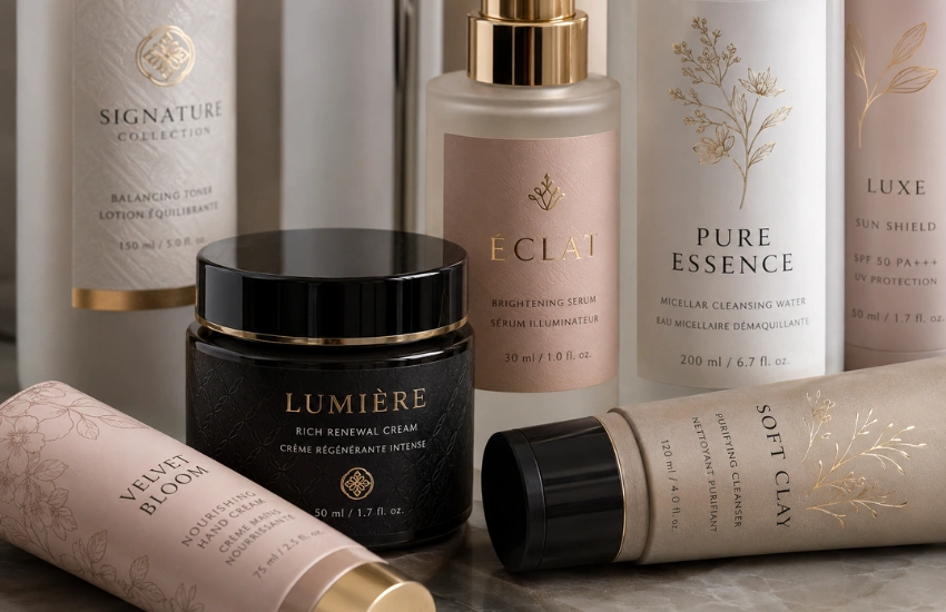 Premium cosmetic label finishes printed in-house with digital label press technology.