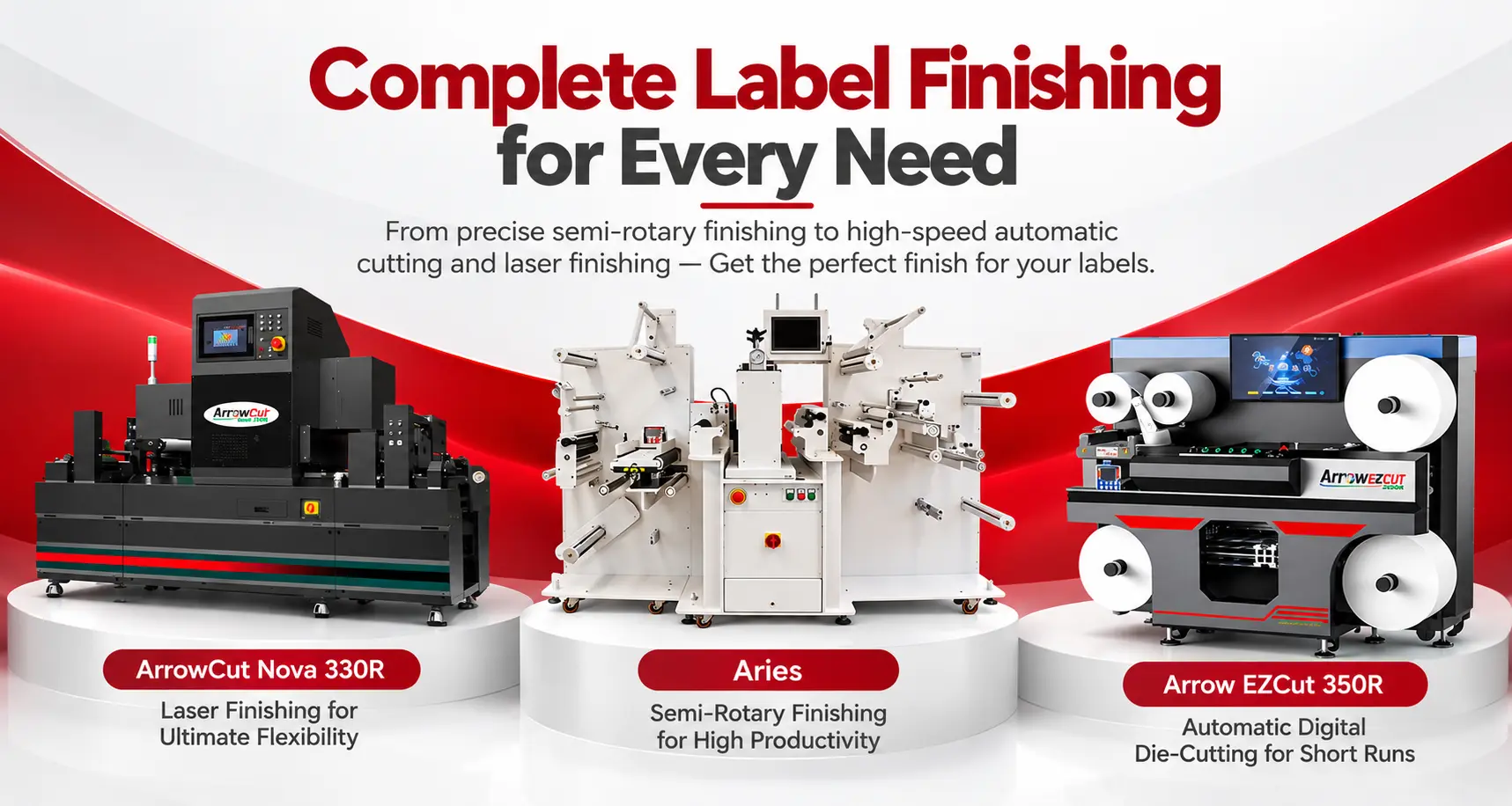 Arrow EZCut 350R, Aries semi-rotary finisher, and ArrowCut Nova 330R laser finisher for inline label finishing.