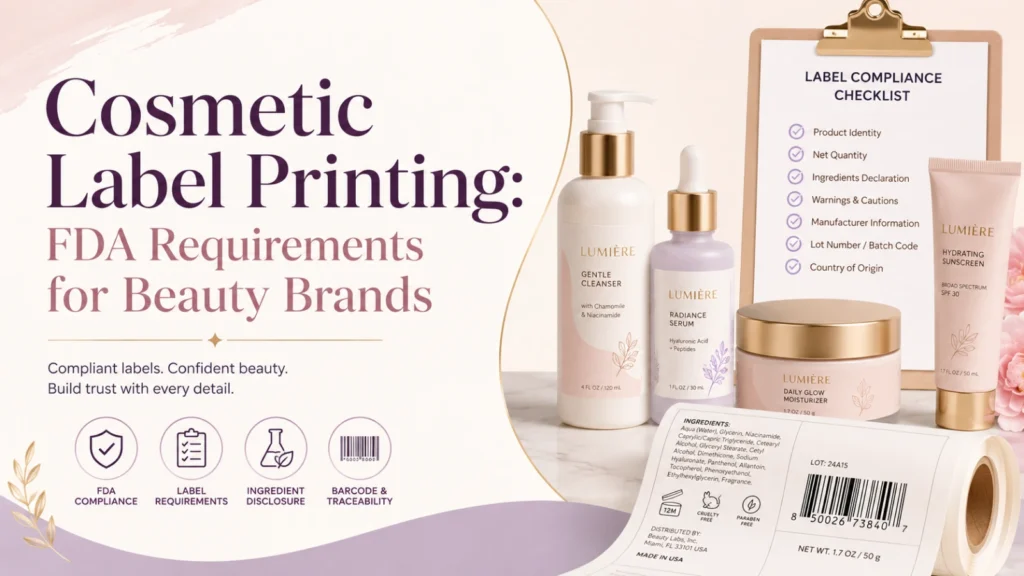 ArrowJet Aqua 330R digital label press printing FDA-compliant cosmetic labels for a beauty brand in-house production workflow.