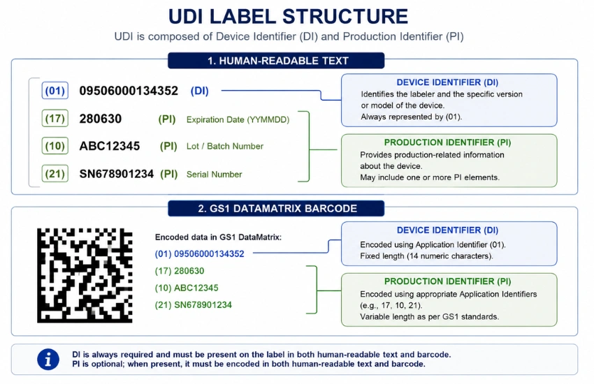 Medical device UDI label structure showing Device Identifier (DI) and Production Identifier (PI) in human-readable and AIDC barcode format per 21 CFR Part 830.