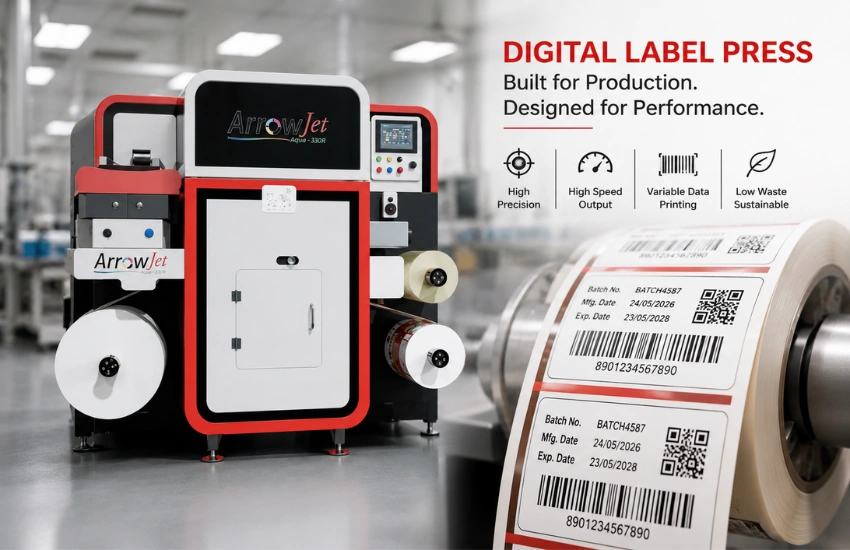 Digital label printing press producing short-run labels with variable data for in-house brand production.