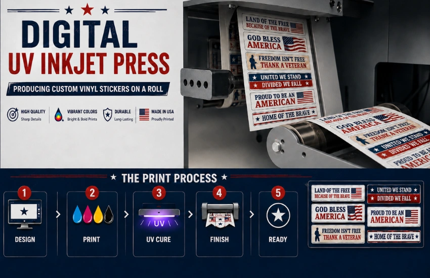 Digital UV inkjet press producing custom vinyl stickers on a roll, showing the print output path.