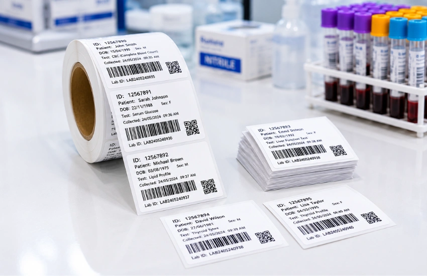 Digital label printer producing clinical specimen labels for a laboratory environment.