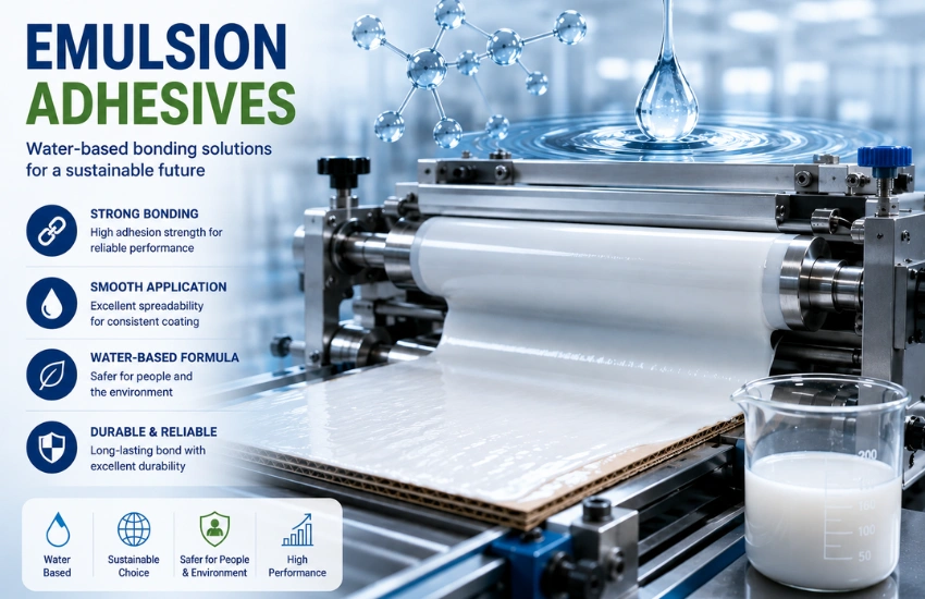 Industrial banner showing emulsion adhesives being applied as a smooth white coating onto packaging board using modern rollers, with water-based adhesive visuals, molecular graphics, and icons highlighting strong bonding, smooth application, sustainability, and high performance.