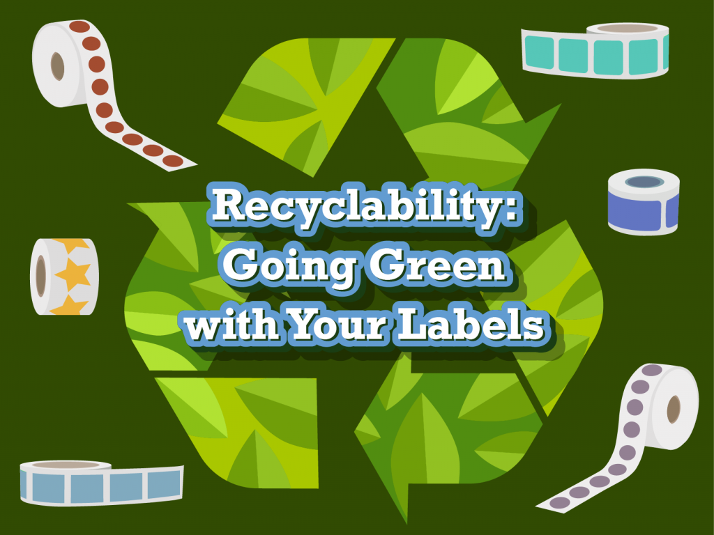 Green classic recycle logo, surrounded by different sized labels