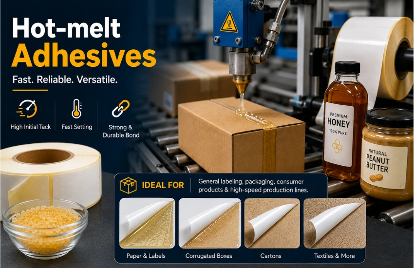 Hot-melt adhesive for fast, strong, and reliable packaging and labeling applications.