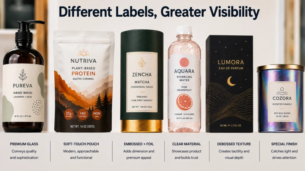 Consumer product packaging lineup showing differentiated label designs, materials, and finishes that improve shelf visibility.