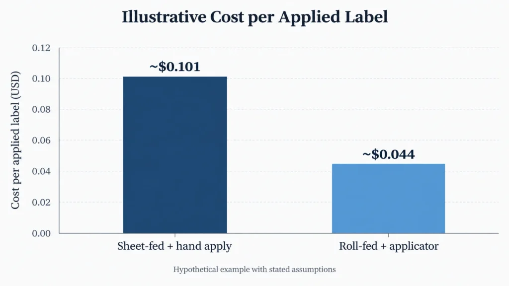 Cost per applied label comparison chart for sheet-fed versus roll-fed label production.