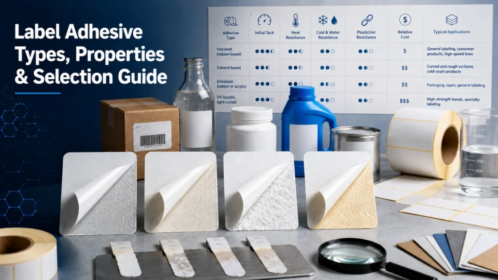Label adhesive selection guide with peel-back samples and comparison chart.