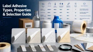 Label adhesive selection guide with peel-back samples and comparison chart.