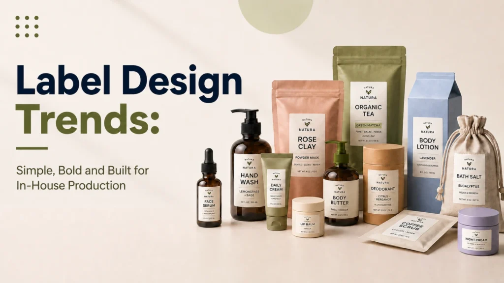 Modern packaging label design trends with bold text and product mockups.