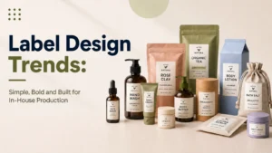 Modern packaging label design trends with bold text and product mockups.