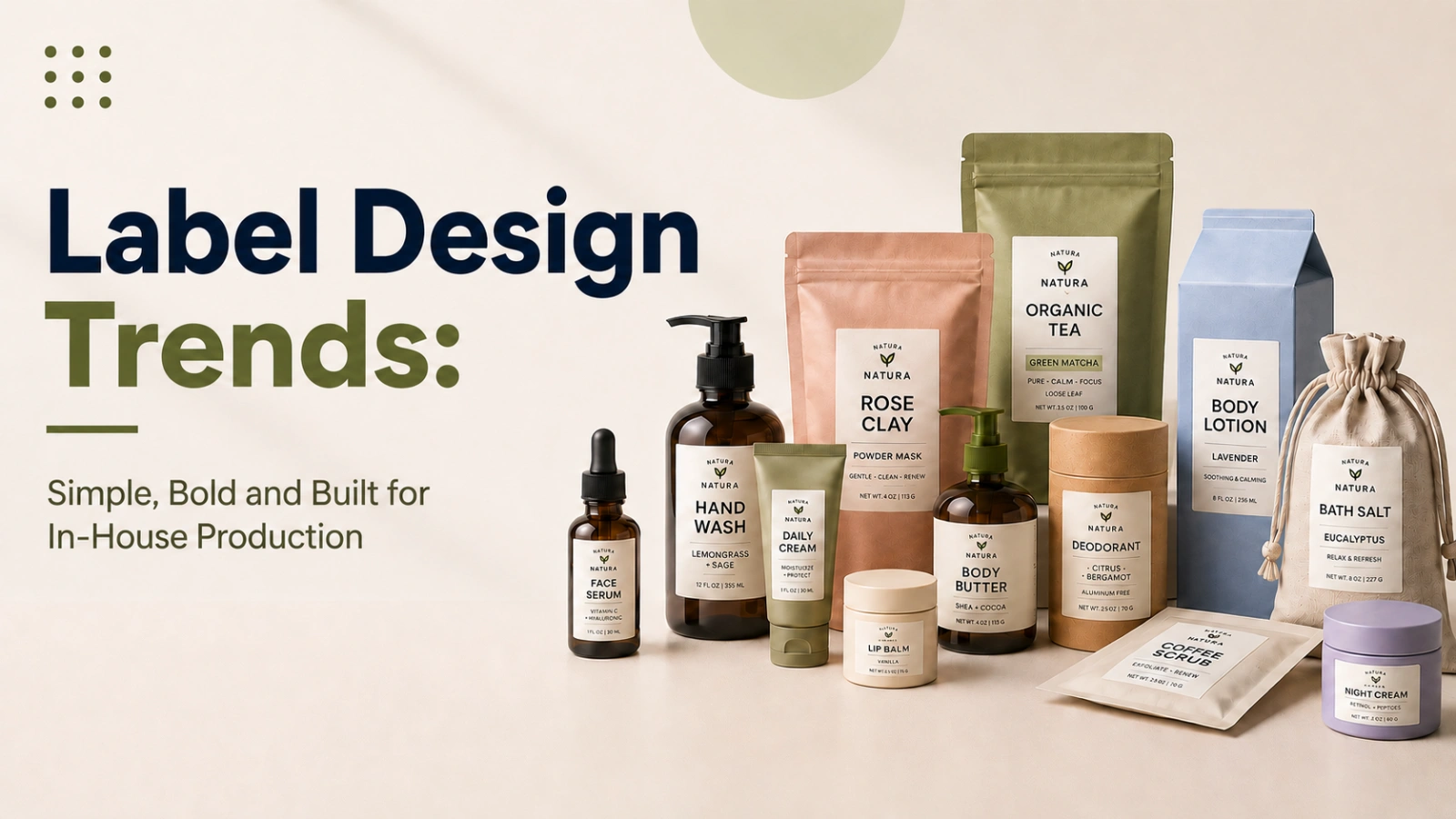 Modern packaging label design trends with bold text and product mockups.