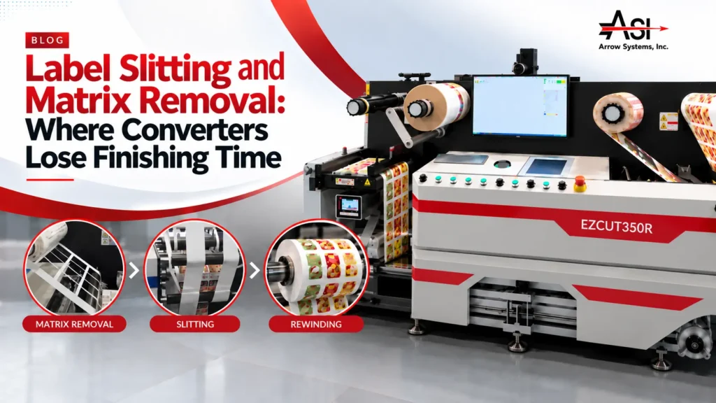 Label slitting and matrix removal on a roll-to-roll label finishing line.