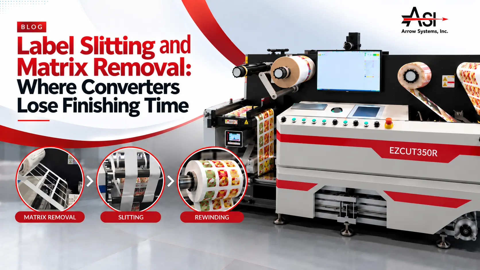 Label slitting and matrix removal on a roll-to-roll label finishing line.