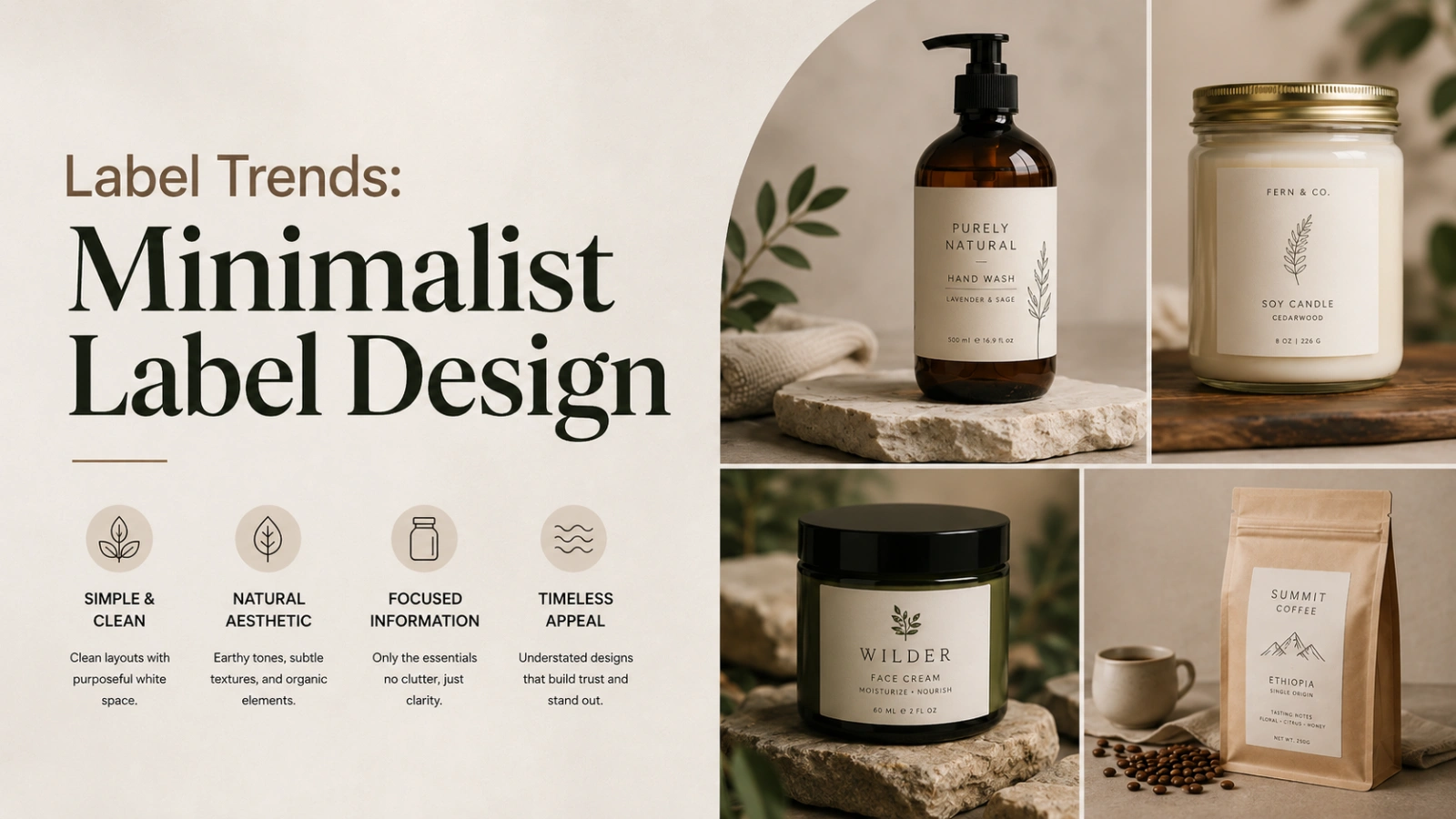 Minimalist label design banner with neutral packaging, clean typography, and earthy product visuals.