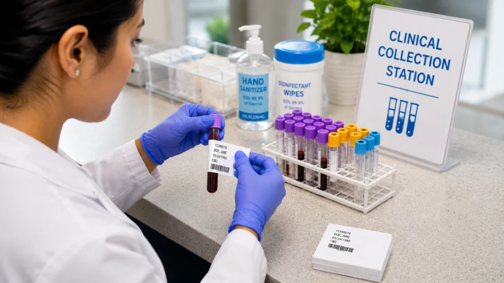 Lab technician applying a printed label to a specimen tube, illustrating proper medical specimen labeling procedure.